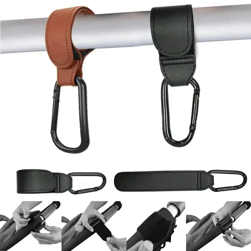 Stroller Hook Straps – Durable PU Leather with Velcro, Holds Up to 10lbs | Multi-Purpose Hook for Strollers, Bicycles, Shopping Carts, and More | Available in Black, Brown, Light Blue, Pink