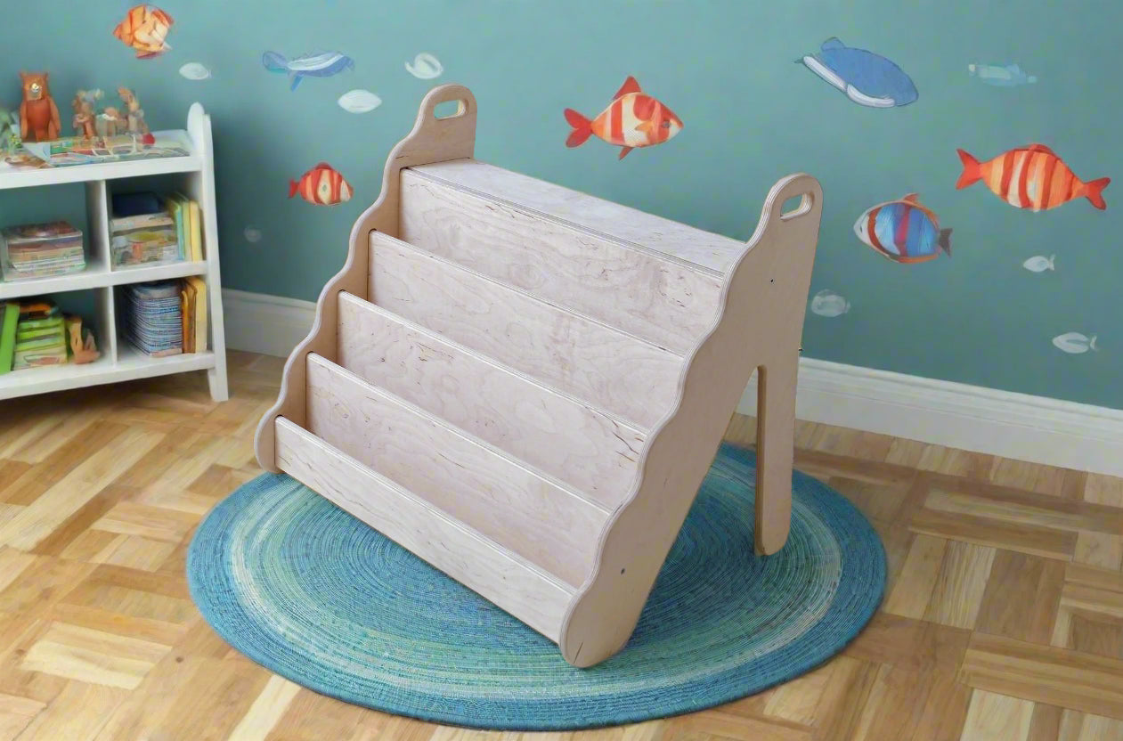 Curved Montessori Wooden Bookshelf – Wave‑Design Kids’ Book Rack in 3 Sizes (Small/Medium/Large)