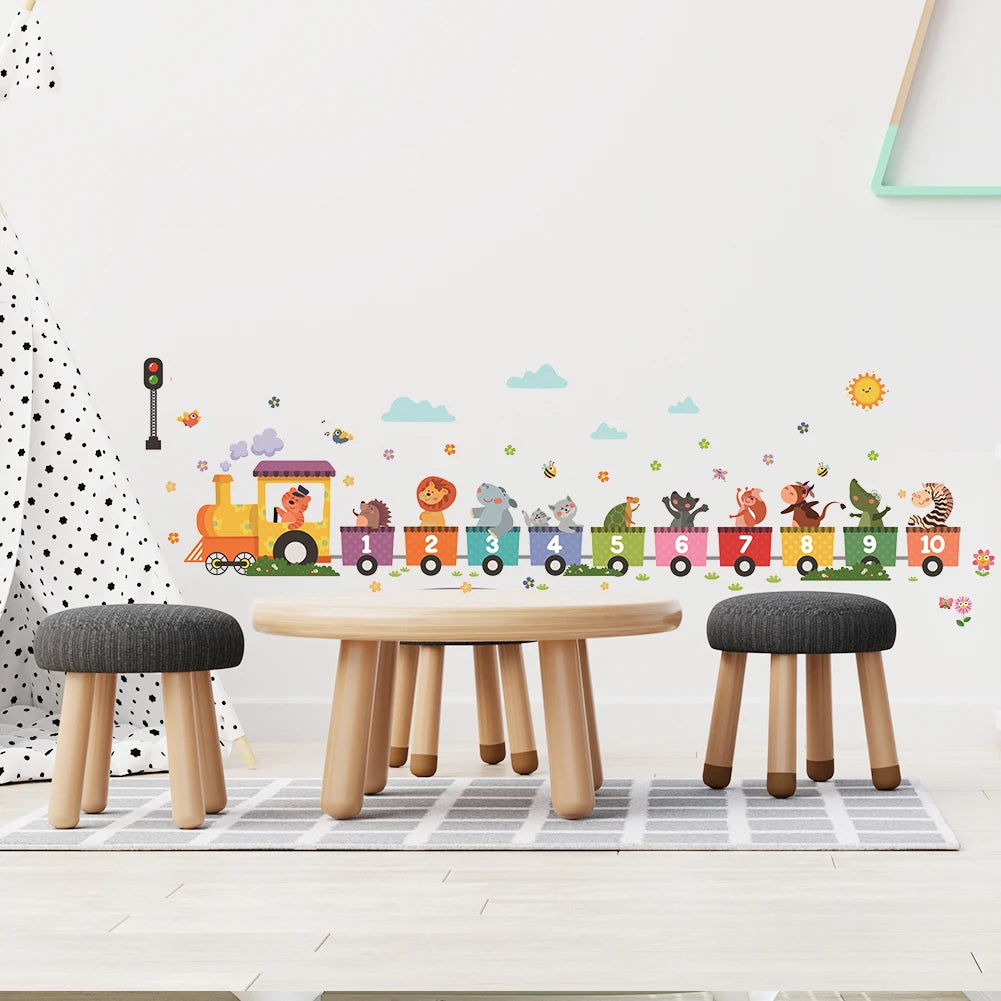 Cartoon Animal Number Train Wall Stickers Colorful Kids Wall Decor
