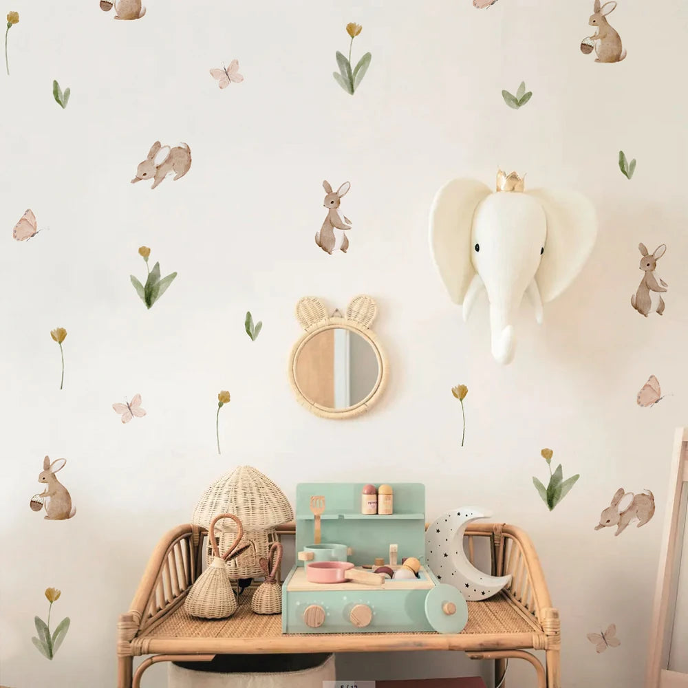 Watercolor Bunny & Flower Nursery Wall Decals