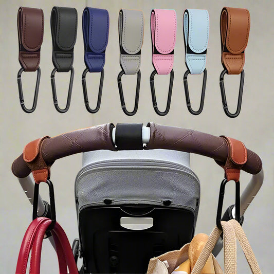Stroller Hook Straps – Durable PU Leather with Velcro, Holds Up to 10lbs | Multi-Purpose Hook for Strollers, Bicycles, Shopping Carts, and More | Available in Black, Brown, Light Blue, Pink