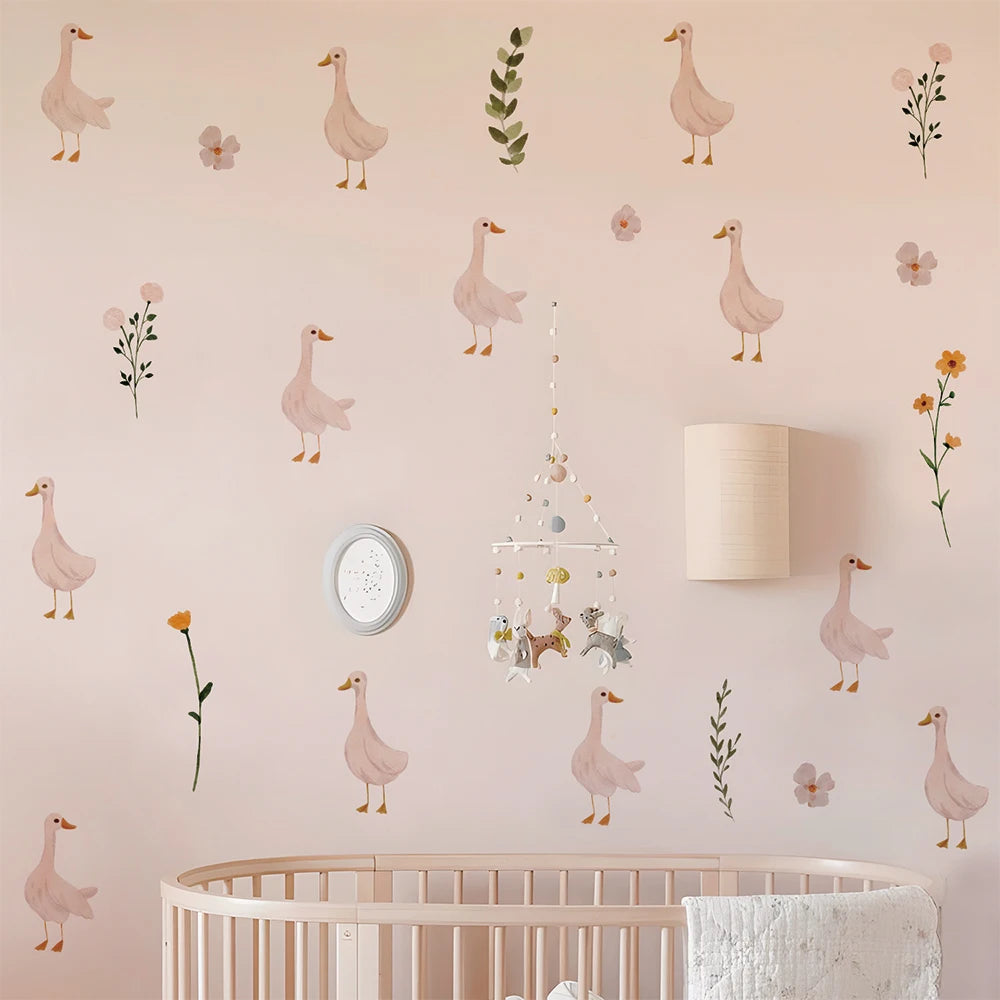 🦢 Cute Geese & Floral Wall Stickers – Sweet Nursery Decor