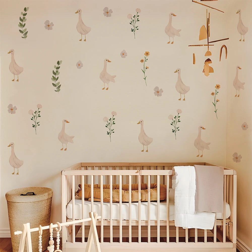 🦢 Cute Geese & Floral Wall Stickers – Sweet Nursery Decor