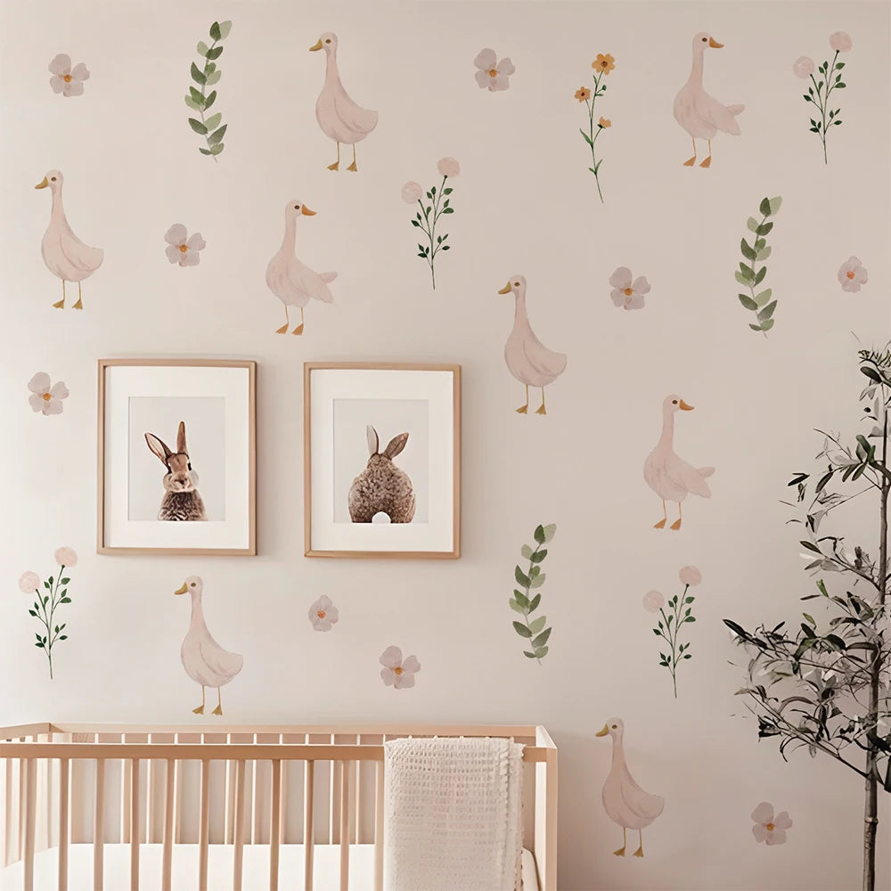 🦢 Cute Geese & Floral Wall Stickers – Sweet Nursery Decor