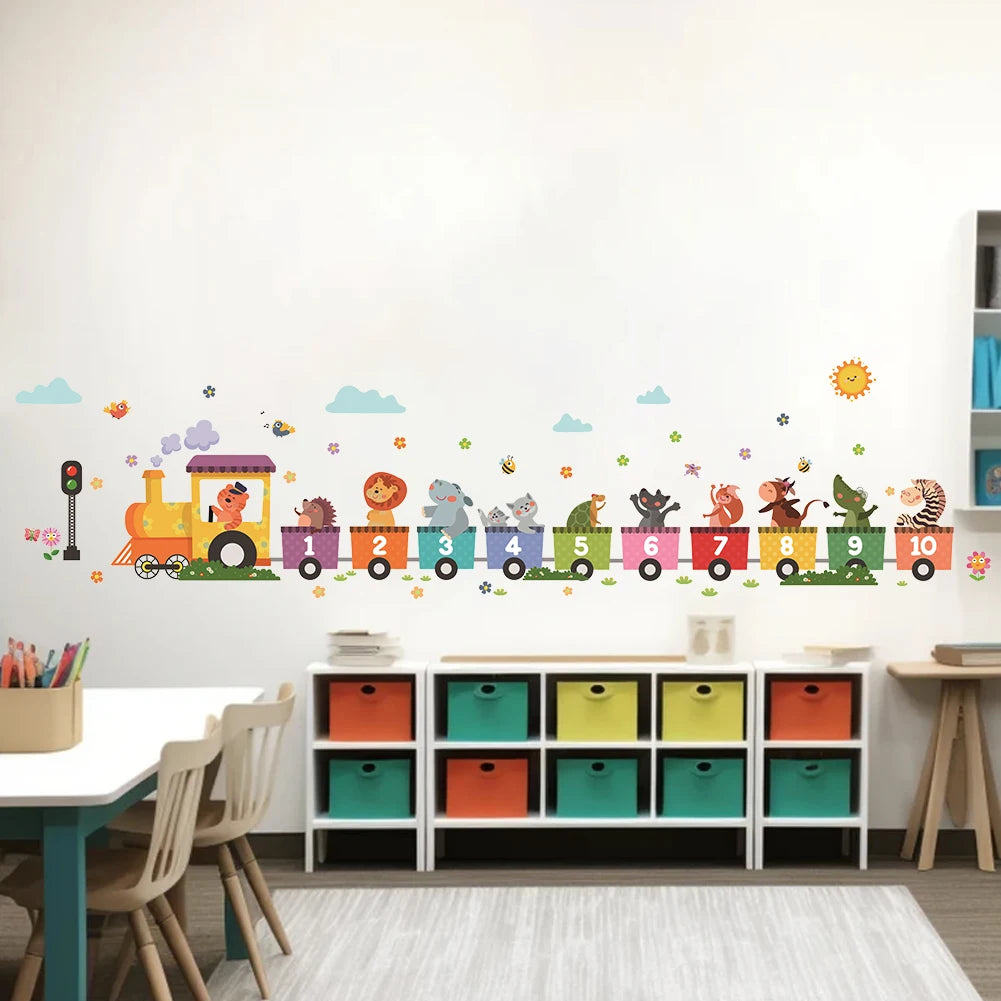 Cartoon Animal Number Train Wall Stickers Colorful Kids Wall Decor