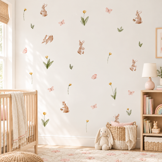 Watercolor Bunny & Flower Nursery Wall Decals
