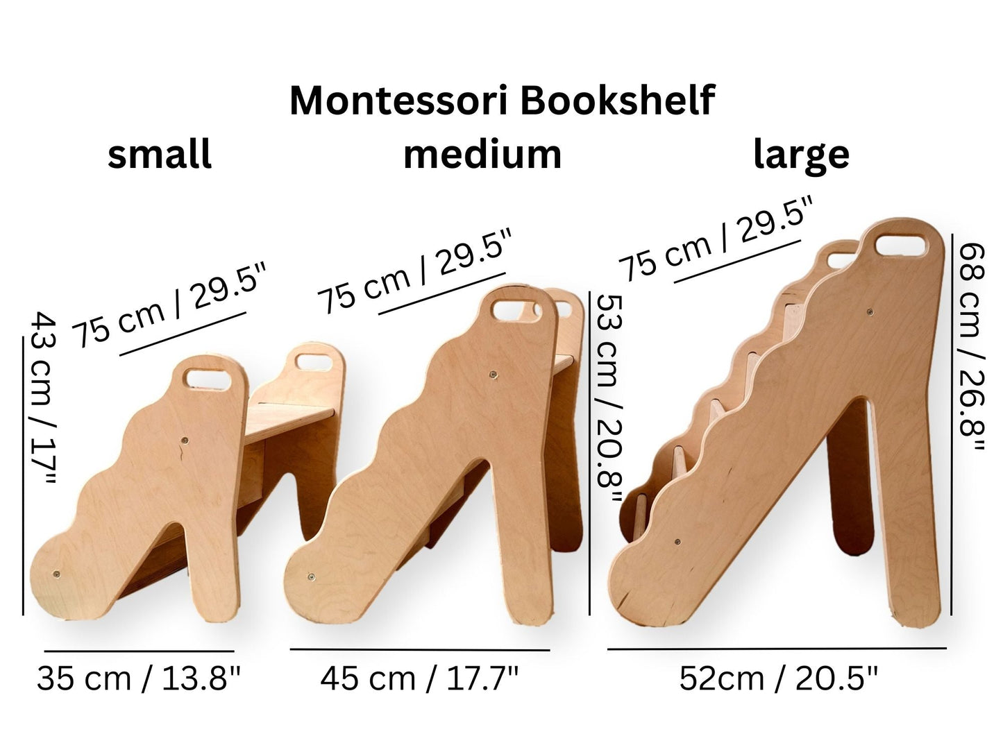 Curved Montessori Wooden Bookshelf – Wave‑Design Kids’ Book Rack in 3 Sizes (Small/Medium/Large)